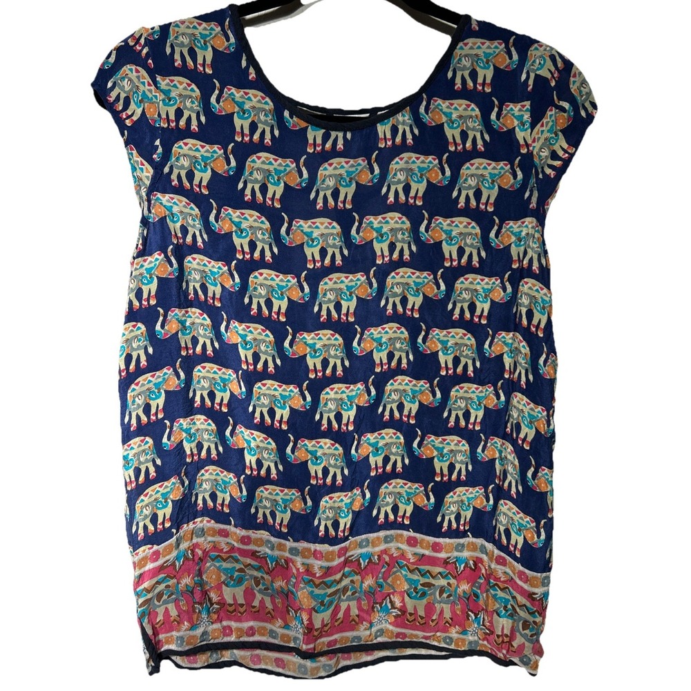 Tolani Silk Sleeveless Elephant Print Blouse‎ Blue Pink Turquoise Size Small
